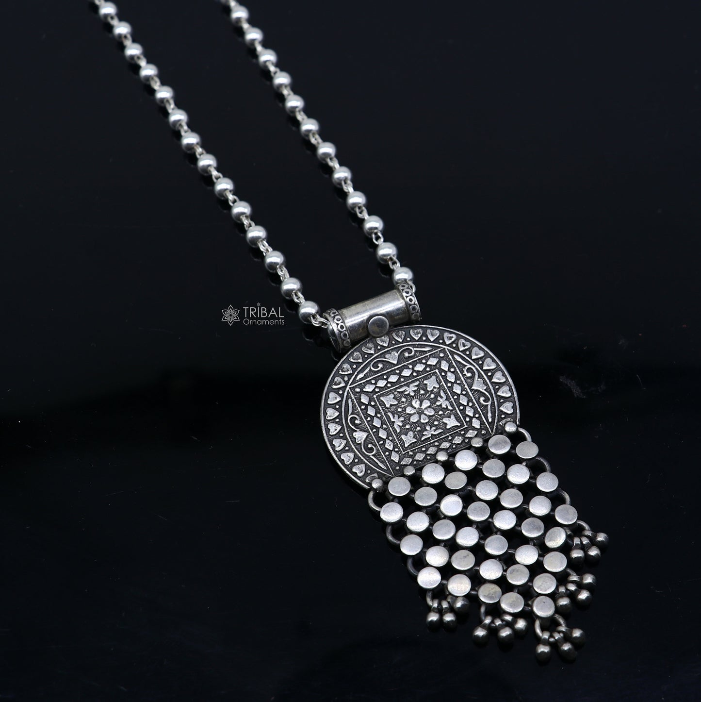 30" 925 sterling silver handmade 4mm beaded long necklace with unique design traditional cultural functional charm necklace jewelry Set702 - TRIBAL ORNAMENTS