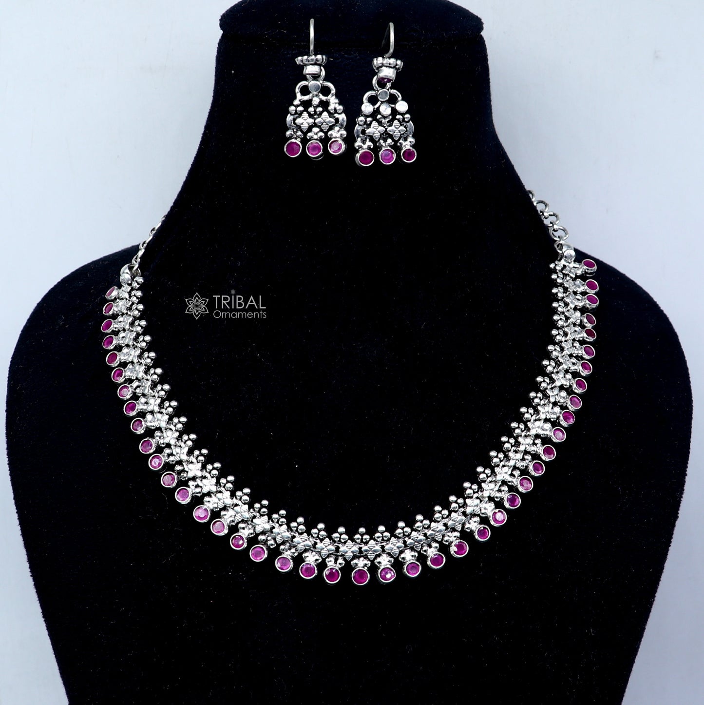 Amazing stylish red stone necklace 925 sterling silver customized gorgeous necklace set adjustable back links set704 - TRIBAL ORNAMENTS