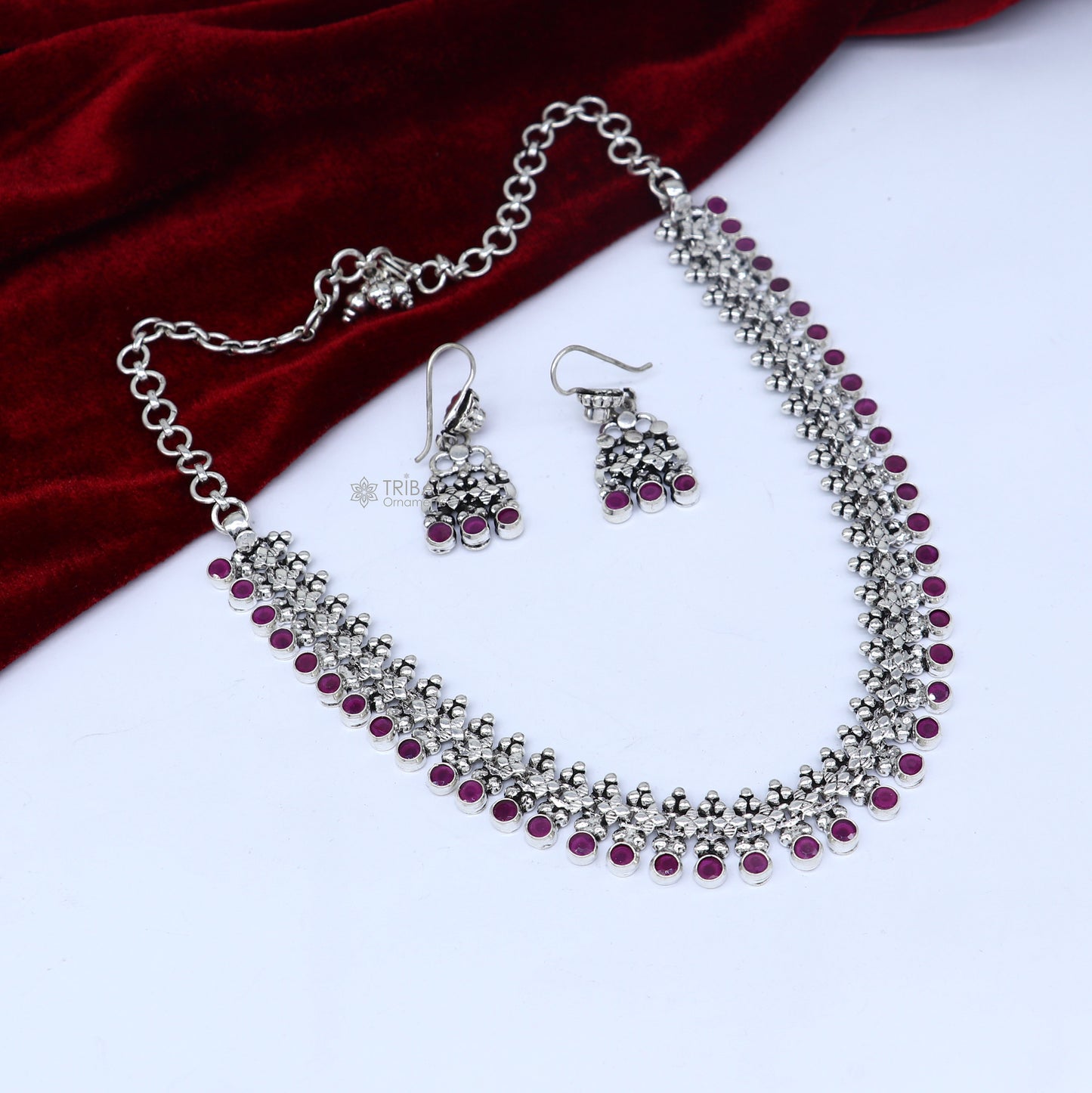Amazing stylish red stone necklace 925 sterling silver customized gorgeous necklace set adjustable back links set704 - TRIBAL ORNAMENTS