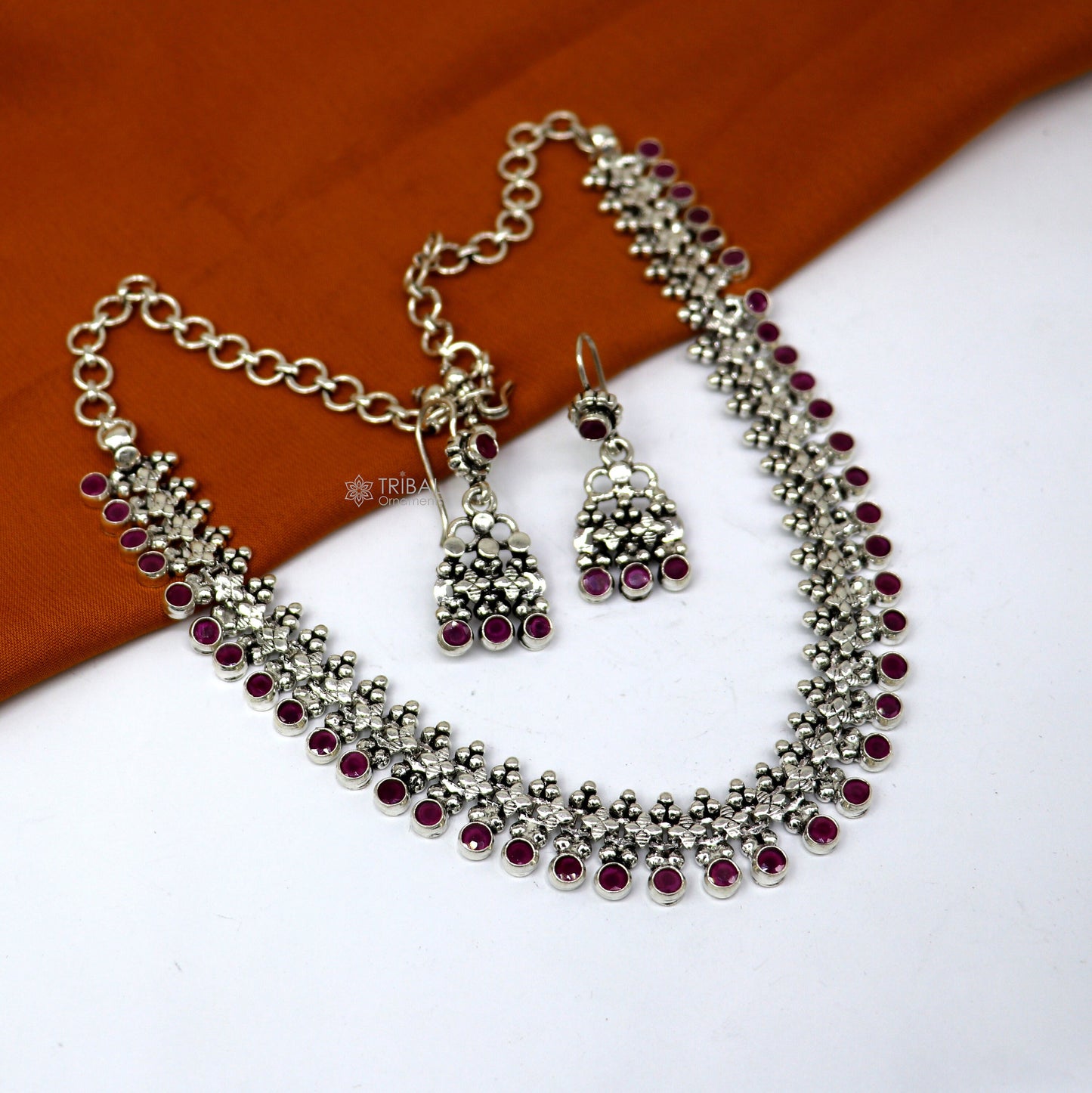 Amazing stylish red stone necklace 925 sterling silver customized gorgeous necklace set adjustable back links set704 - TRIBAL ORNAMENTS