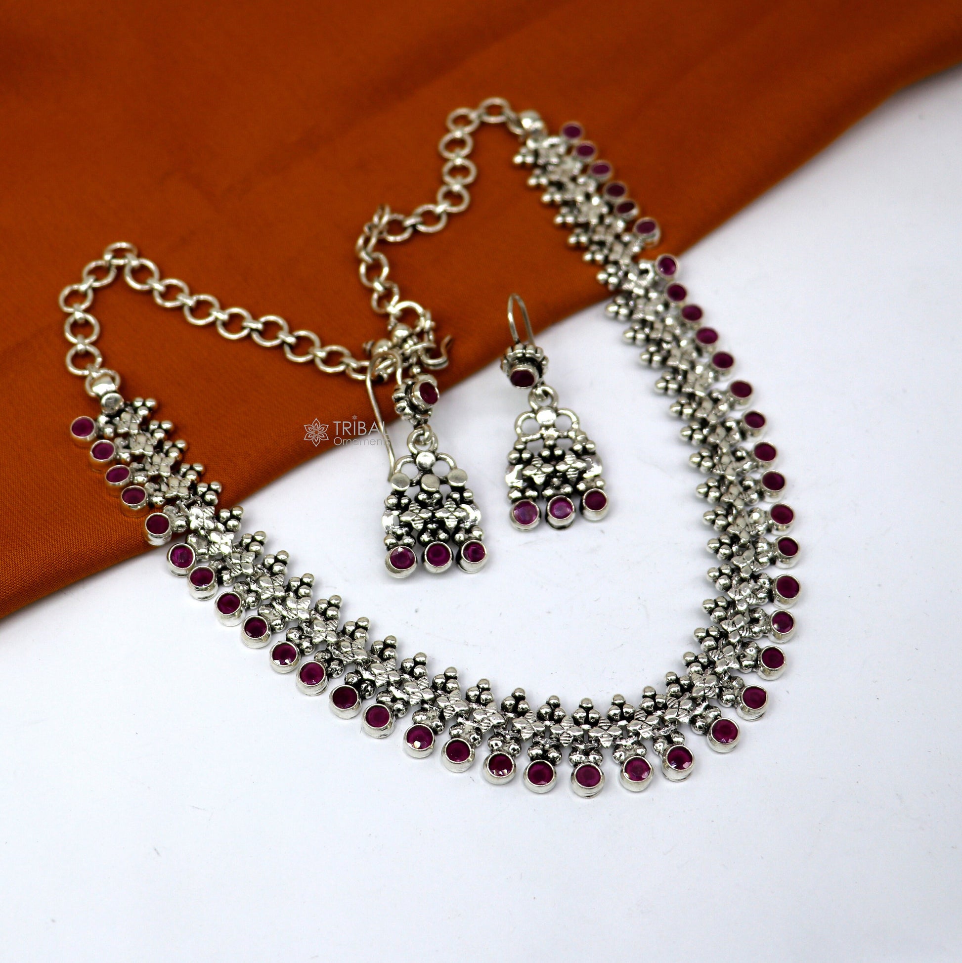 Amazing stylish red stone necklace 925 sterling silver customized gorgeous necklace set adjustable back links set704 - TRIBAL ORNAMENTS