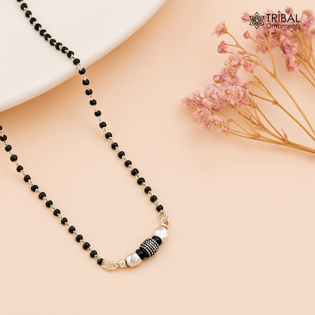 Pure 925 sterling silver black beaded chain necklace and vintage antique silver ball style pendant Mangalsutra ms118