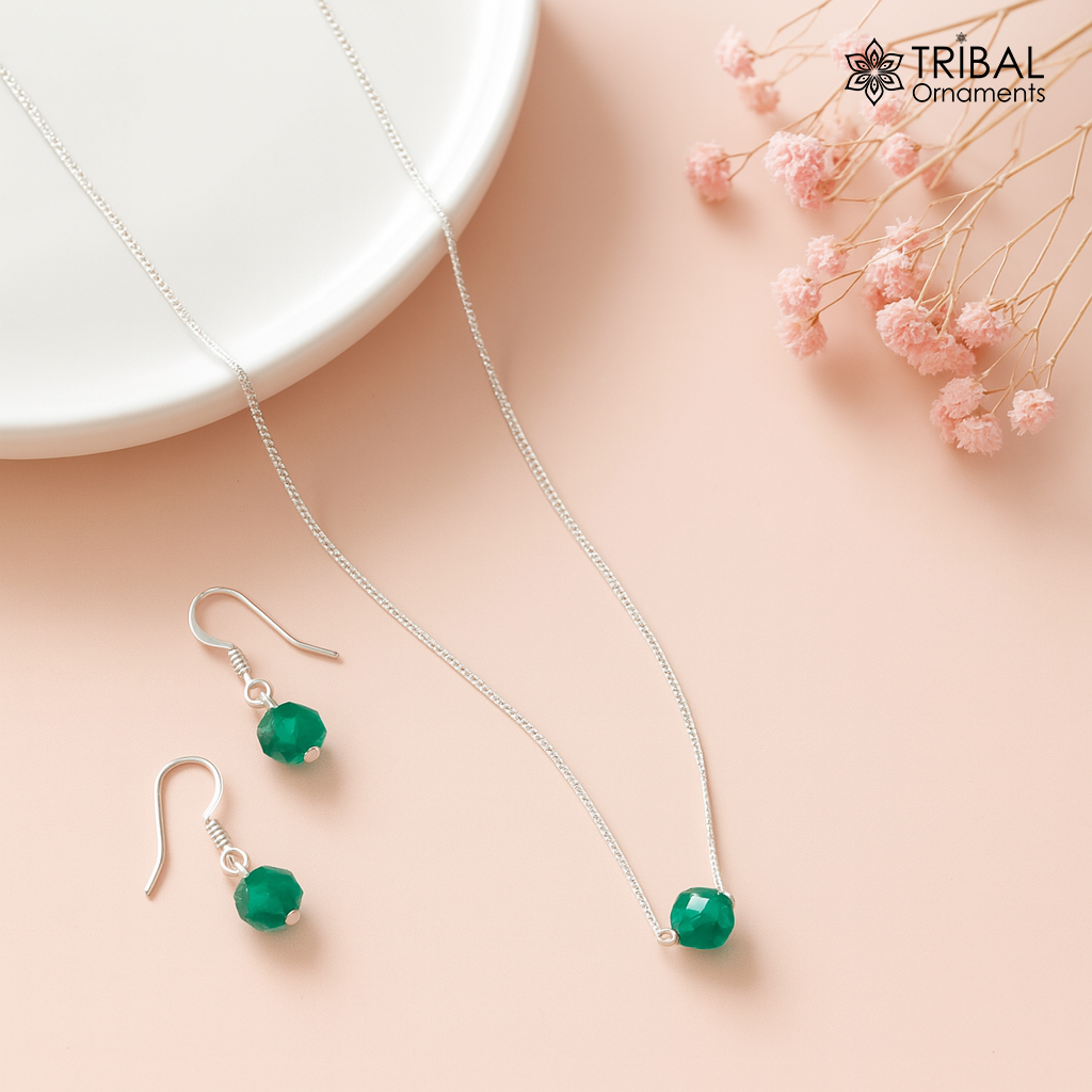 Pure 925 sterling silver chain necklace set and vintage antique green colour ball style pendant and earing set ms121