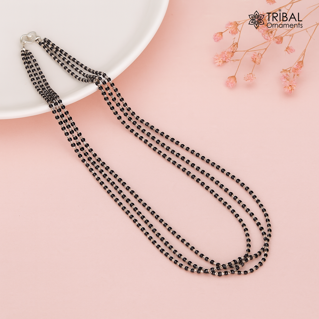 925 sterling silver 2.2mm black beads 3 line chain, vintage Cultural fancy necklace, traditional style brides Mangalsutra chain India ms144