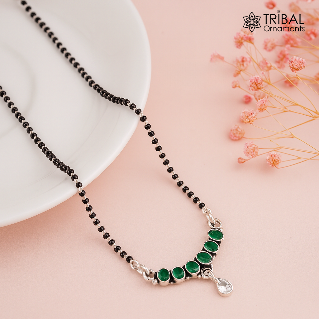 925 sterling silver black beads mangalsutra chain necklace gorgeous Waved design cut stone pendant, traditional style brides necklace ms36