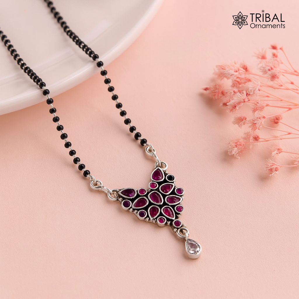 925 sterling silver handmade delicate black beaded chain and fabulous cut stone pendant, amazing brides mangalsutra necklace from india ms46
