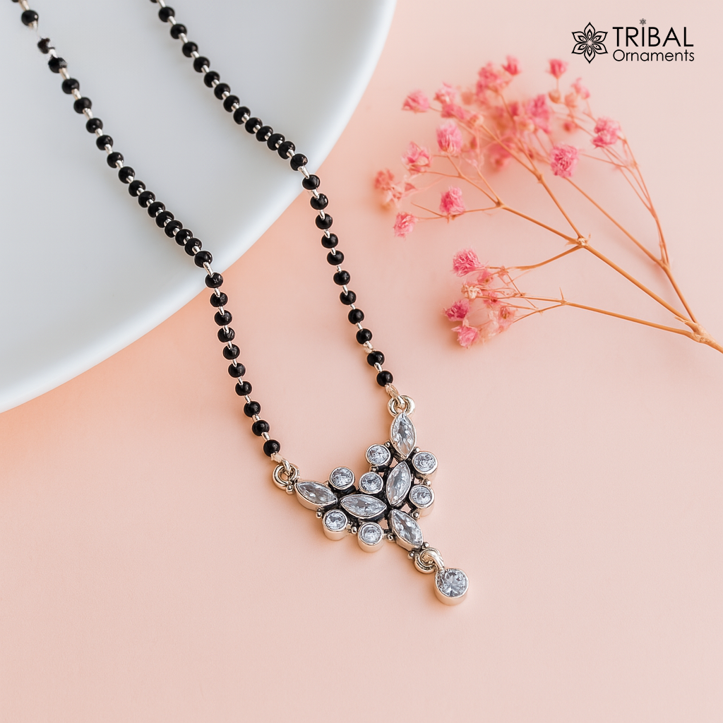 925 sterling silver black beads and white cut stone mangal sutra necklace brides Mangalsutra chunky necklace ms83
