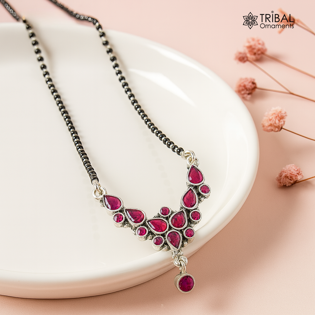 925 sterling silver black beads and red cut stone mangal sutra necklace brides Mangalsutra chunky necklace ms85