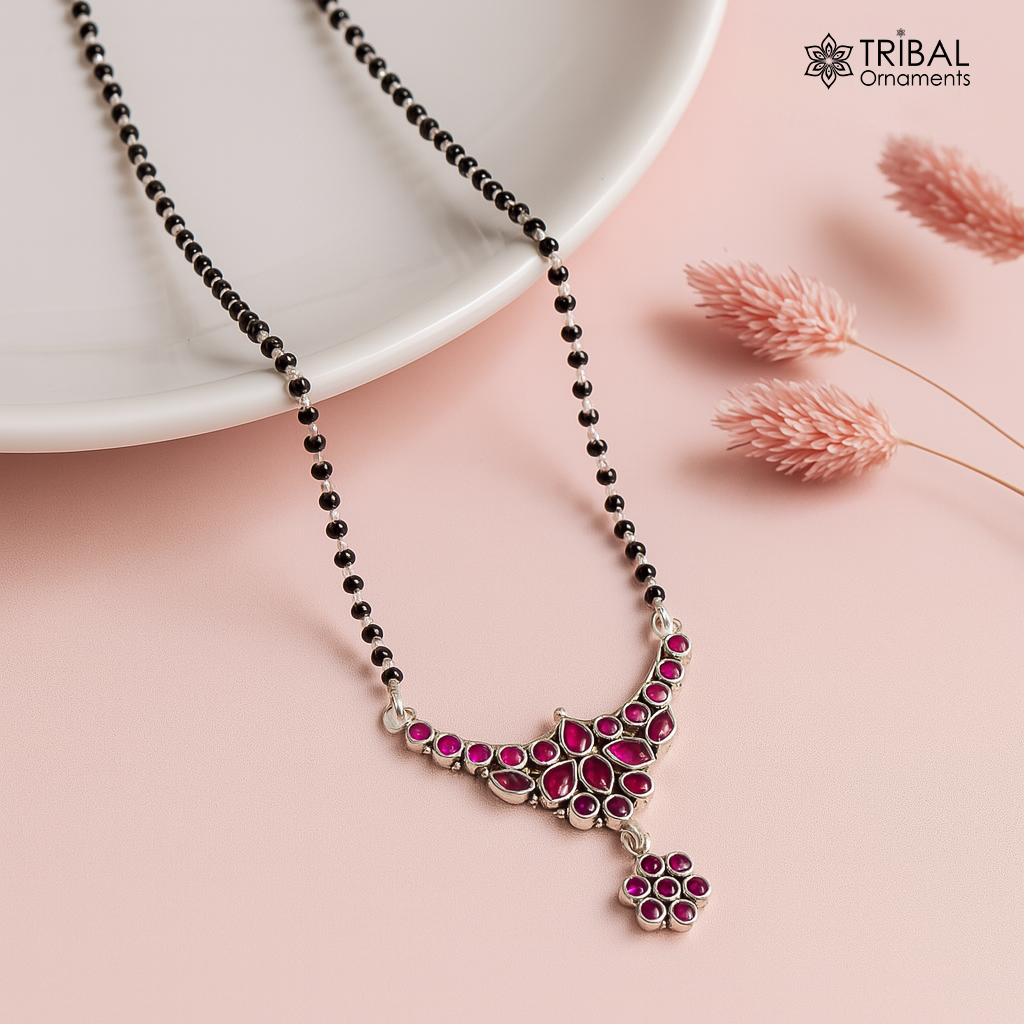 925 sterling silver black beads and red cut stone mangal sutra necklace brides Mangalsutra chunky necklace ms89