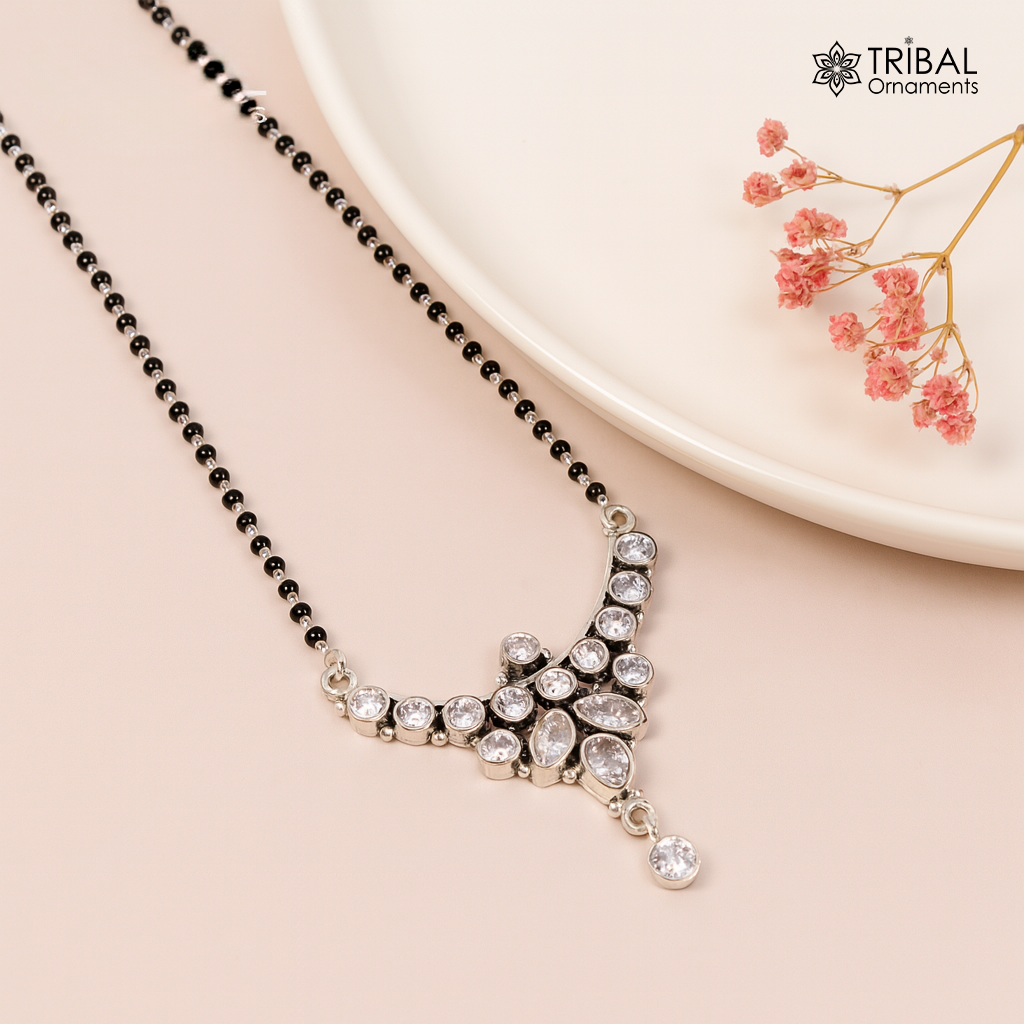 925 sterling silver black beads and white cut stone mangal sutra necklace brides Mangalsutra chunky necklace ms93