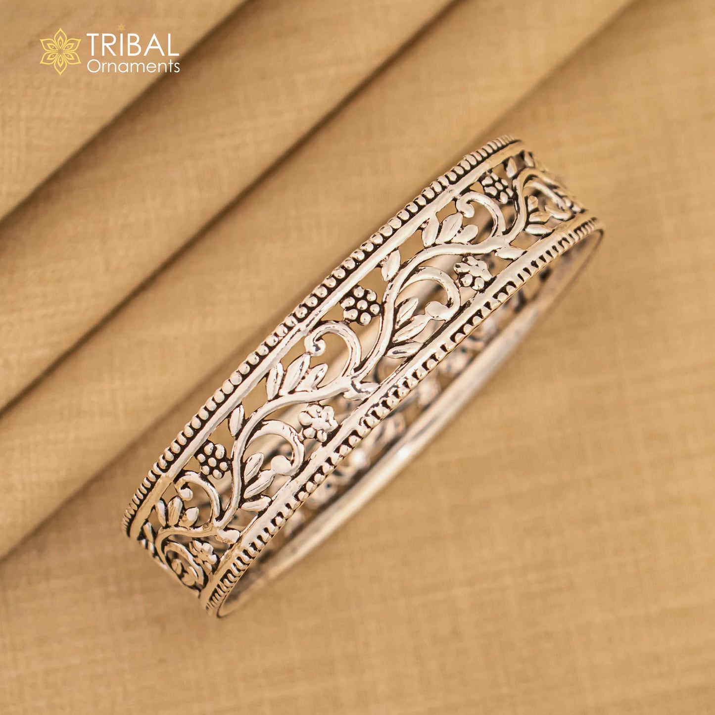 925 sterling silver Wide floral design customized bangle bracelet kada, ethnic stylish functional jewelry nba393