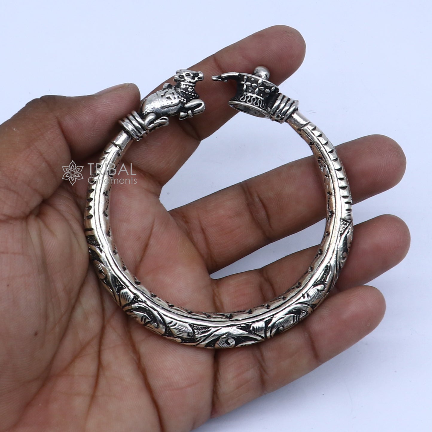 Lord Shiva lingam With Nandi maharaj design 925 sterling silver handmade bangle bracelet kada nsk844 - TRIBAL ORNAMENTS