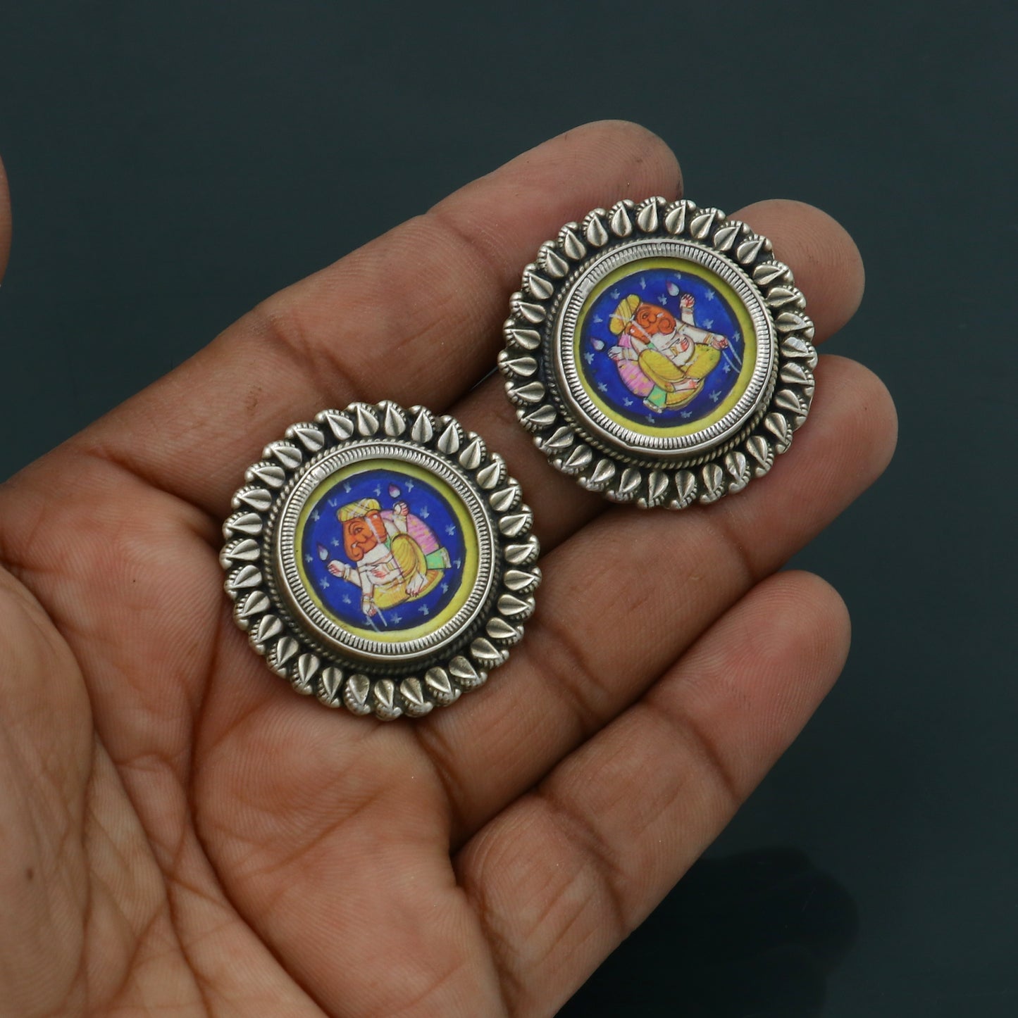 925 sterling silver lord Ganesha painting miniature art Painting hoops earring s1338 - TRIBAL ORNAMENTS