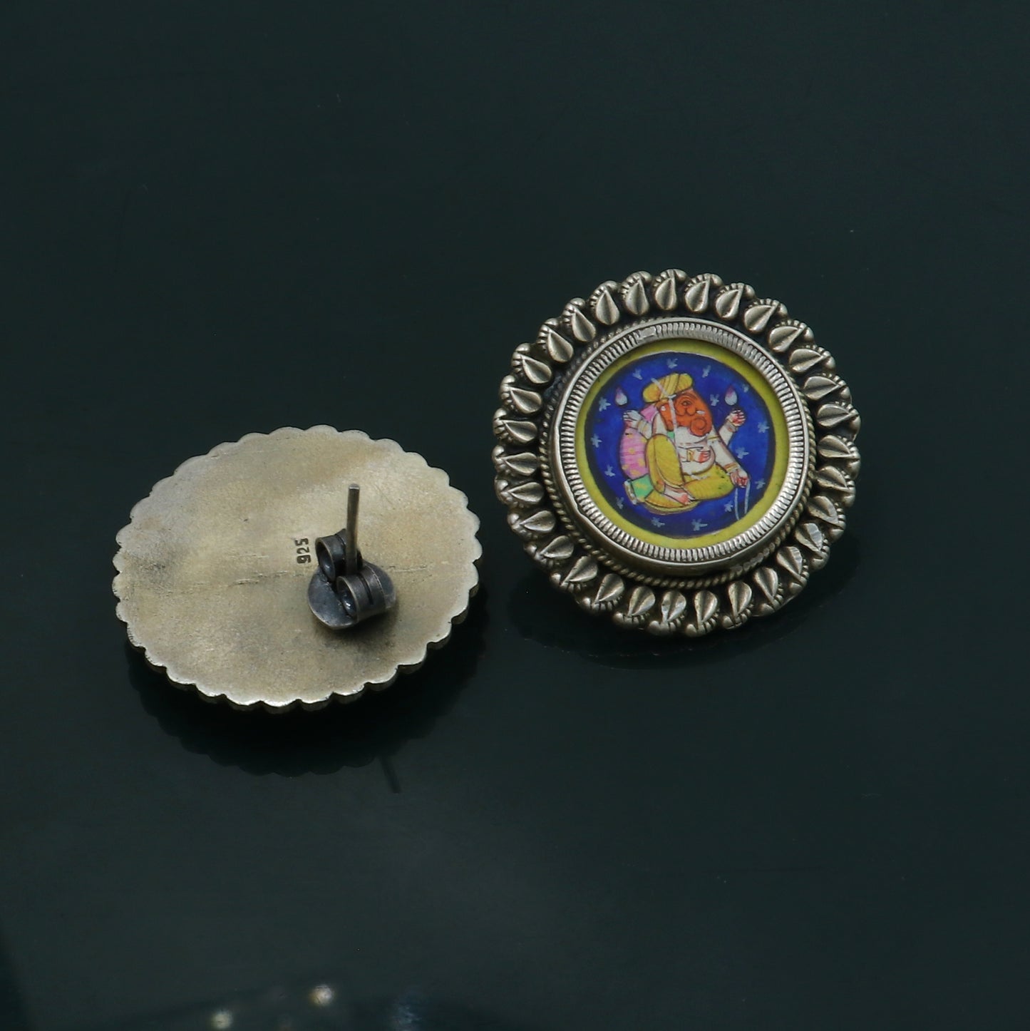 925 sterling silver lord Ganesha painting miniature art Painting hoops earring s1338 - TRIBAL ORNAMENTS