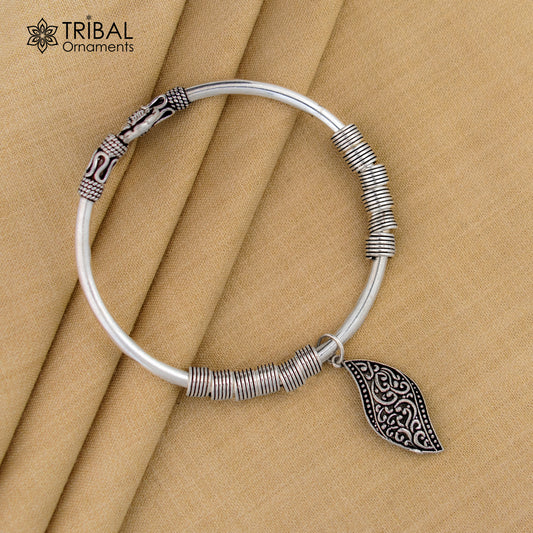 925 sterling silver flower shape open face flexible charm bracelet kada bangle girl's gift nsk153