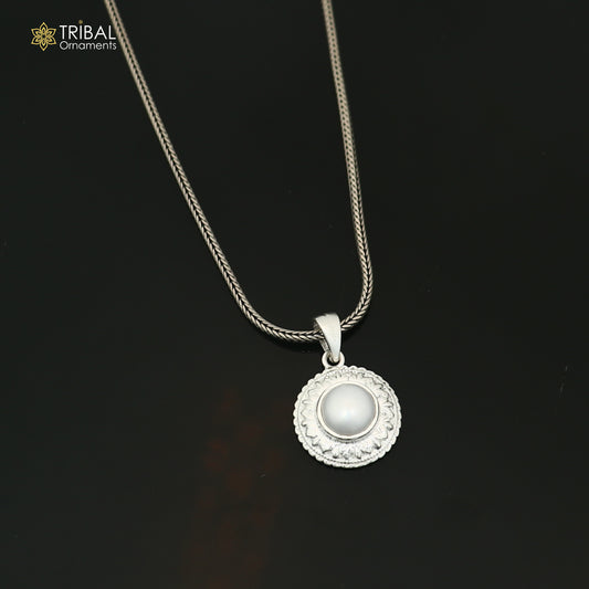 925 Sterling silver round plate pendant with pearl, unisex jewelry by TRIBAL ORNAMENTS, displayed on a white background