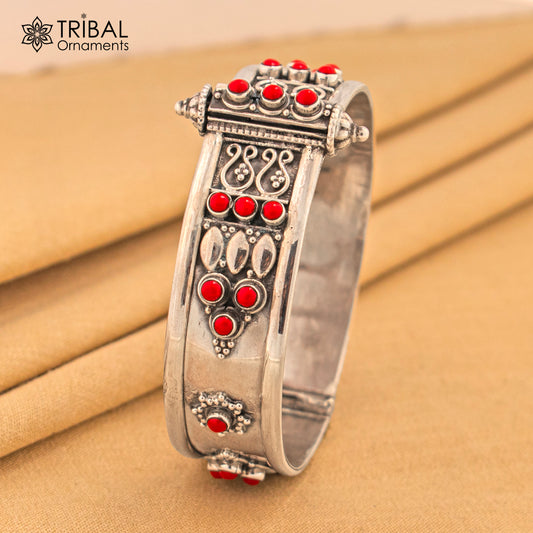 925 sterling silver vintage design coral stone bangle cuff bracelet stunning stylish tribal brides jewelry nssk485