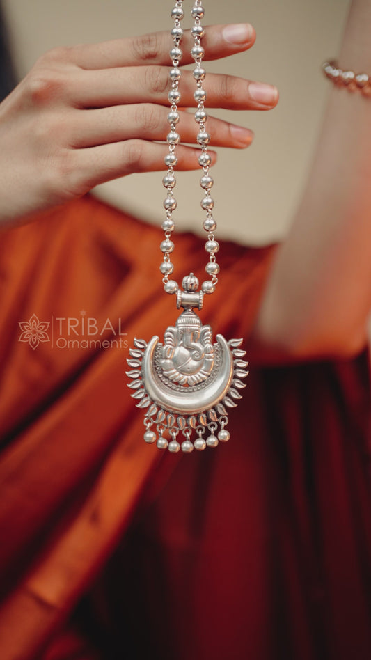Vintage Indian traditional cultural style trendy 925 sterling silver plain 6mm beaded customized Ganesha long necklace tribal jewelry set545