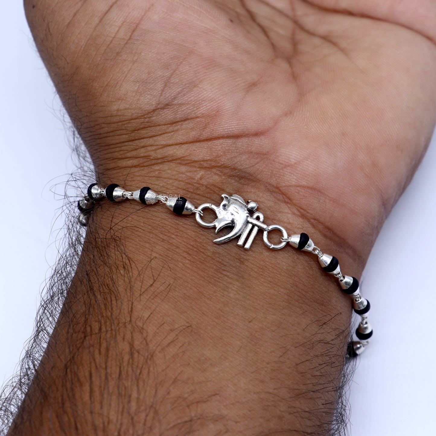 925 sterling silver handmad Shree ganesha design holy basil rosary beads Rakhi bracelet, black Tulsi beaded bracelet rk396 - TRIBAL ORNAMENTS