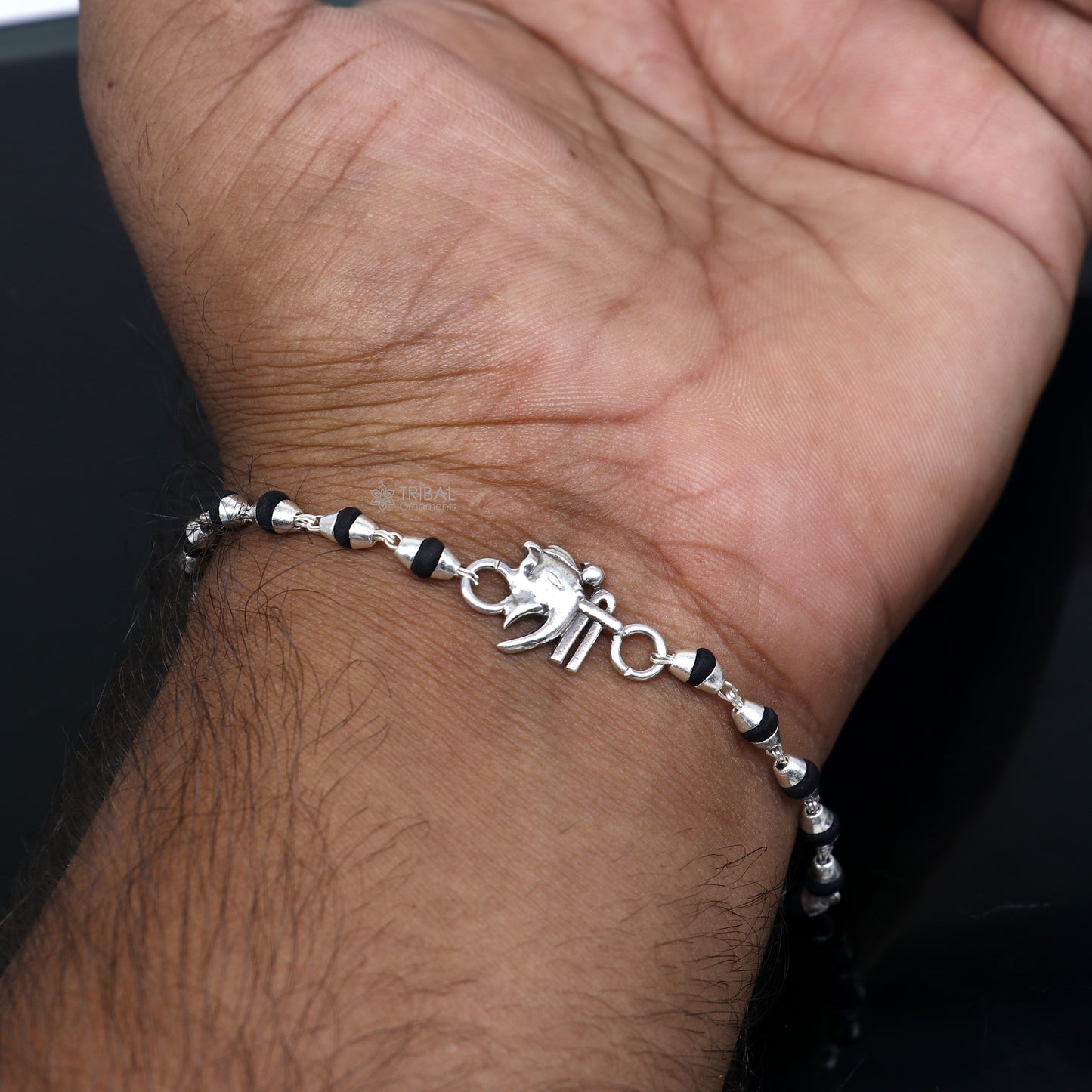 925 sterling silver handmad Shree ganesha design holy basil rosary beads Rakhi bracelet, black Tulsi beaded bracelet rk396 - TRIBAL ORNAMENTS