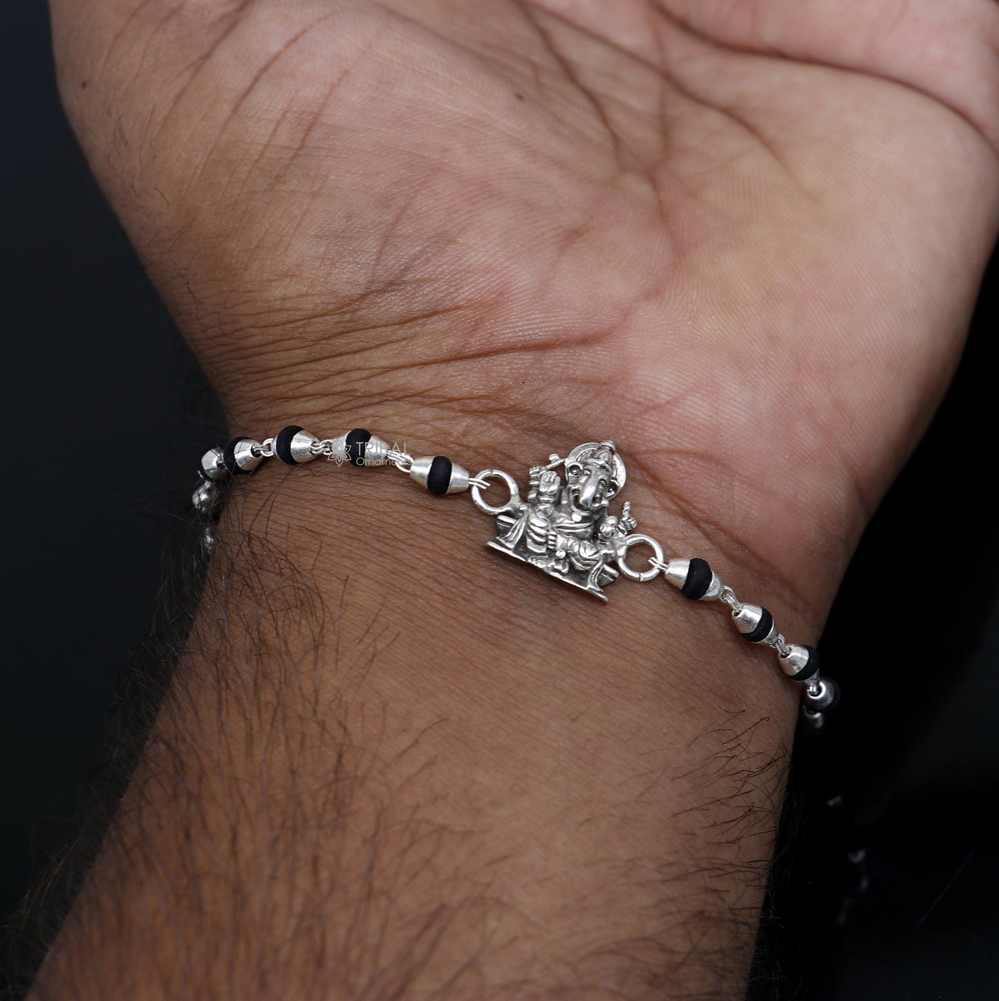 925 sterling silver handmad Lord Ganesha design holy basil rosary beads Rakhi bracelet, black Tulsi beaded bracelet rk399 - TRIBAL ORNAMENTS