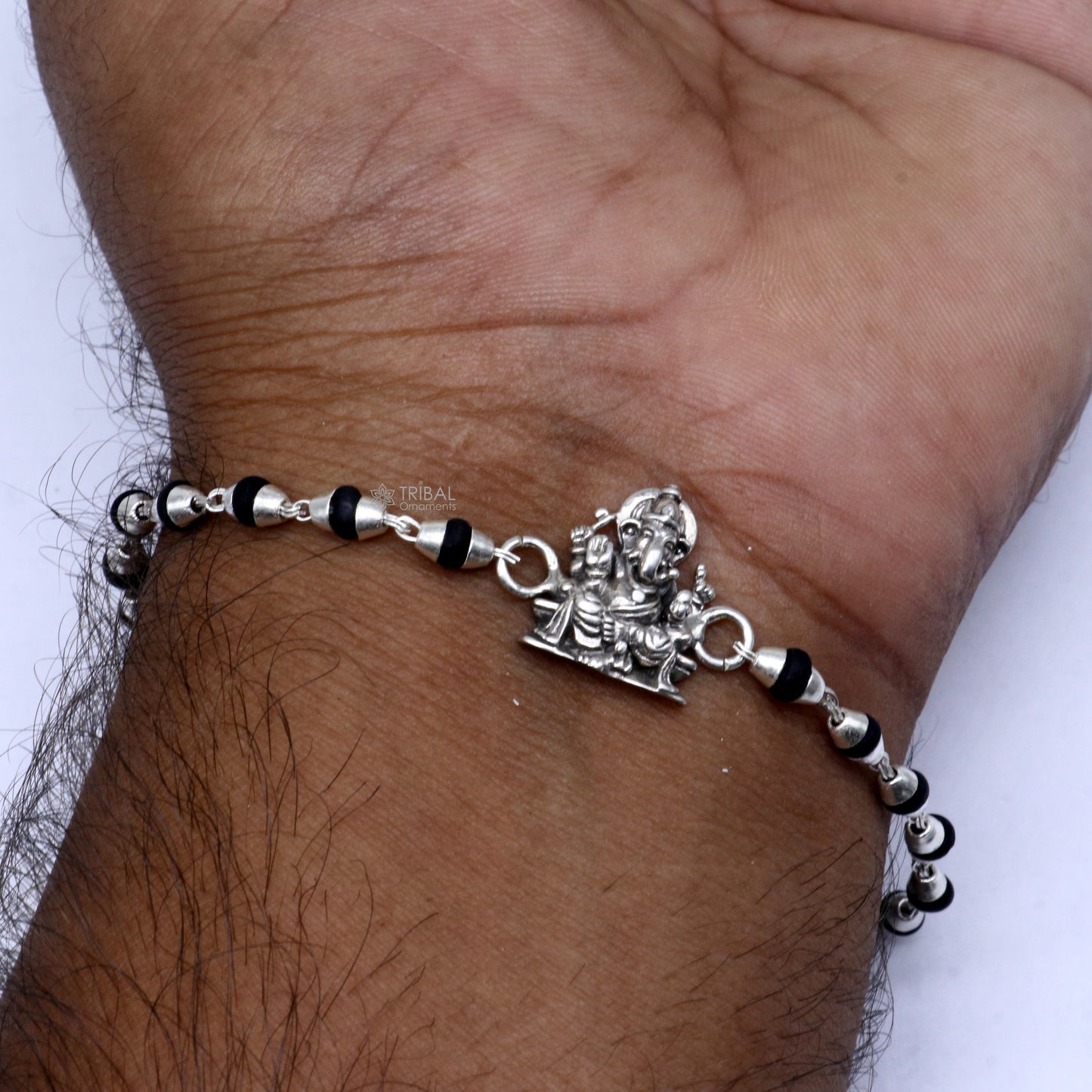 925 sterling silver handmad Lord Ganesha design holy basil rosary beads Rakhi bracelet, black Tulsi beaded bracelet rk399 - TRIBAL ORNAMENTS