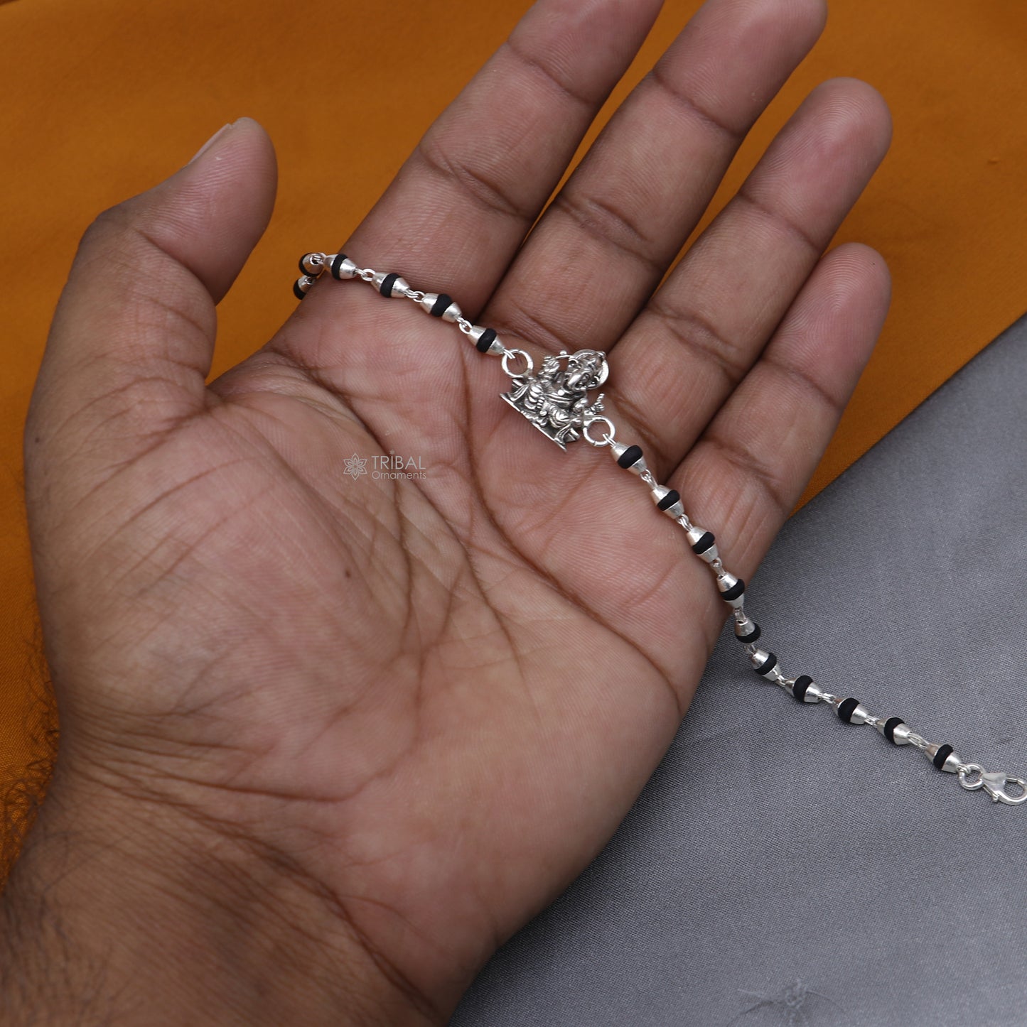 925 sterling silver handmad Lord Ganesha design holy basil rosary beads Rakhi bracelet, black Tulsi beaded bracelet rk399 - TRIBAL ORNAMENTS