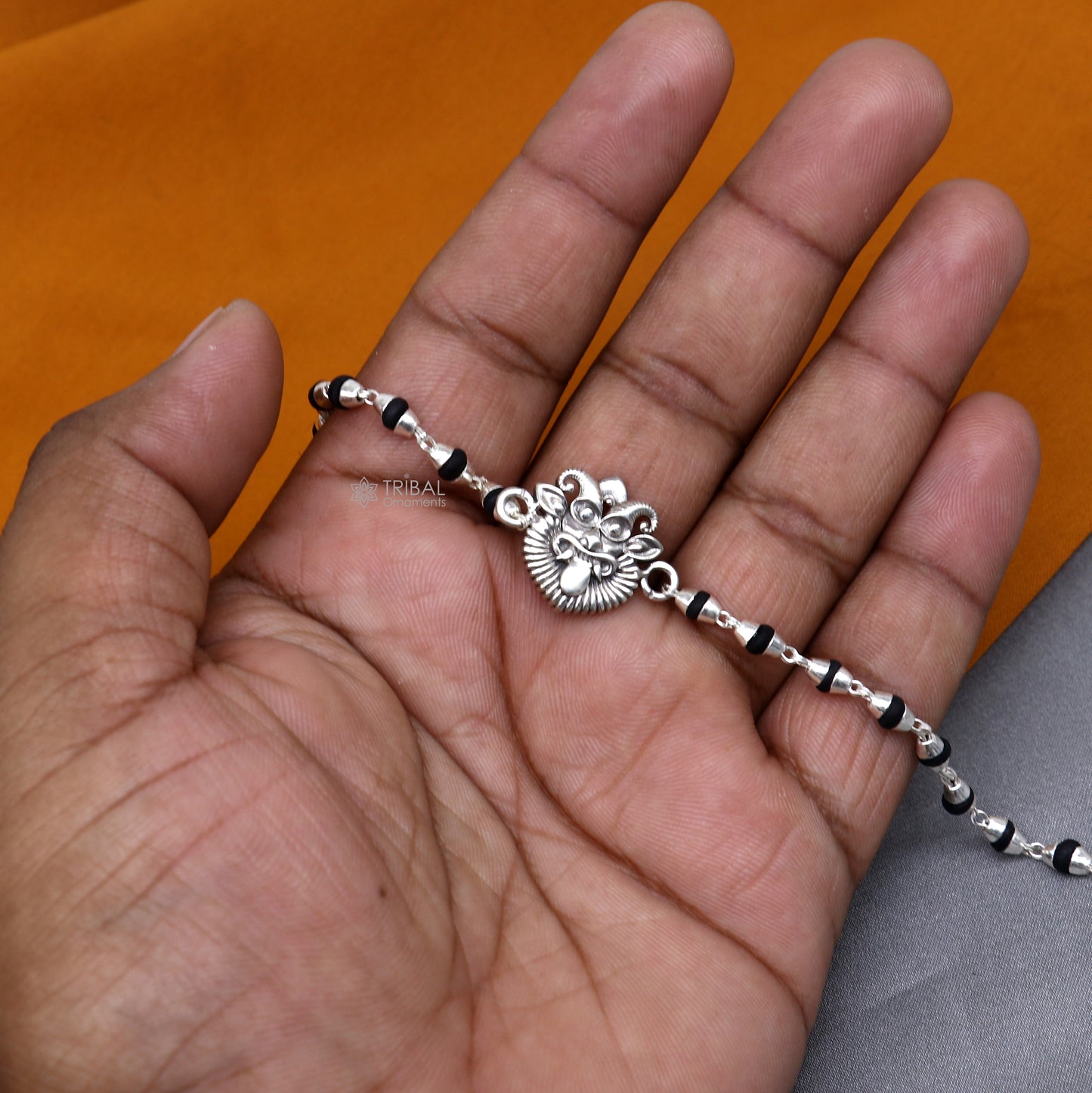 925 sterling silver handmad Evil eye ( nazar battu )design holy basil rosary beads Rakhi bracelet, black Tulsi beaded bracelet rk401 - TRIBAL ORNAMENTS
