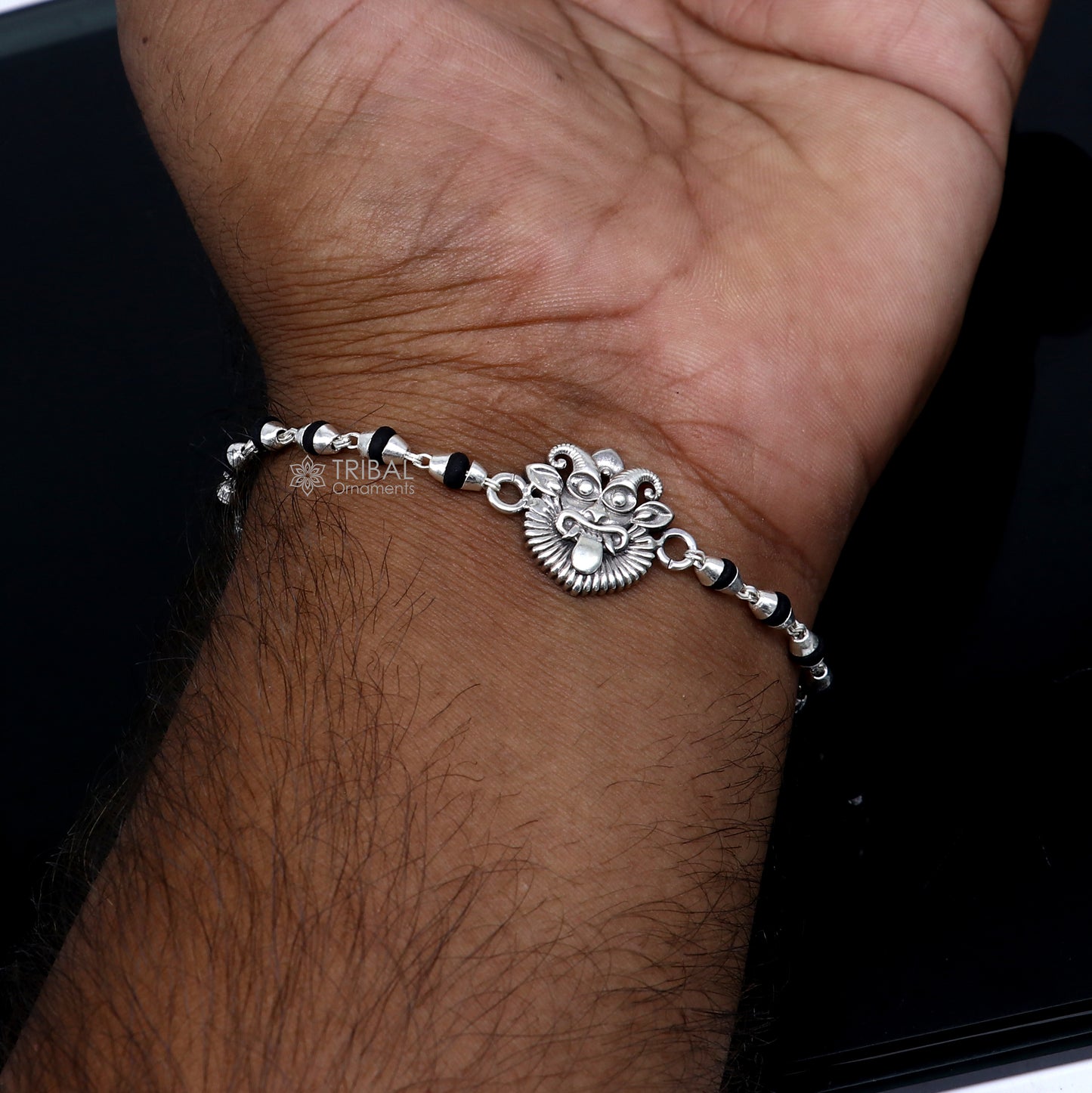 925 sterling silver handmad Evil eye ( nazar battu )design holy basil rosary beads Rakhi bracelet, black Tulsi beaded bracelet rk401 - TRIBAL ORNAMENTS