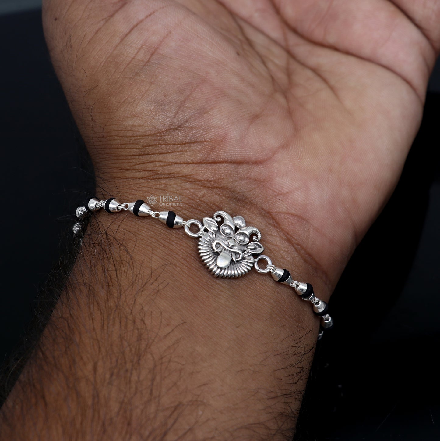 925 sterling silver handmad Evil eye ( nazar battu )design holy basil rosary beads Rakhi bracelet, black Tulsi beaded bracelet rk401 - TRIBAL ORNAMENTS