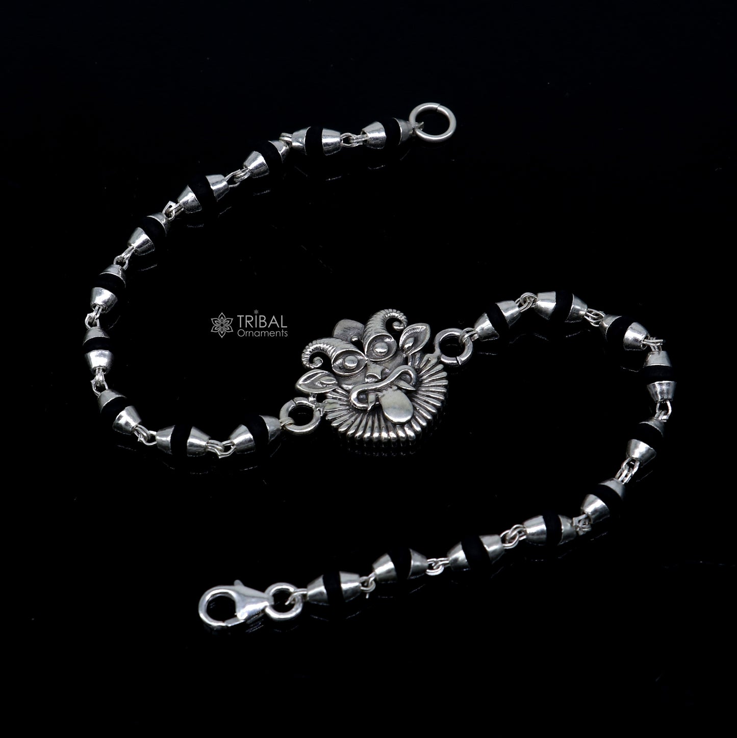 925 sterling silver handmad Evil eye ( nazar battu )design holy basil rosary beads Rakhi bracelet, black Tulsi beaded bracelet rk401 - TRIBAL ORNAMENTS