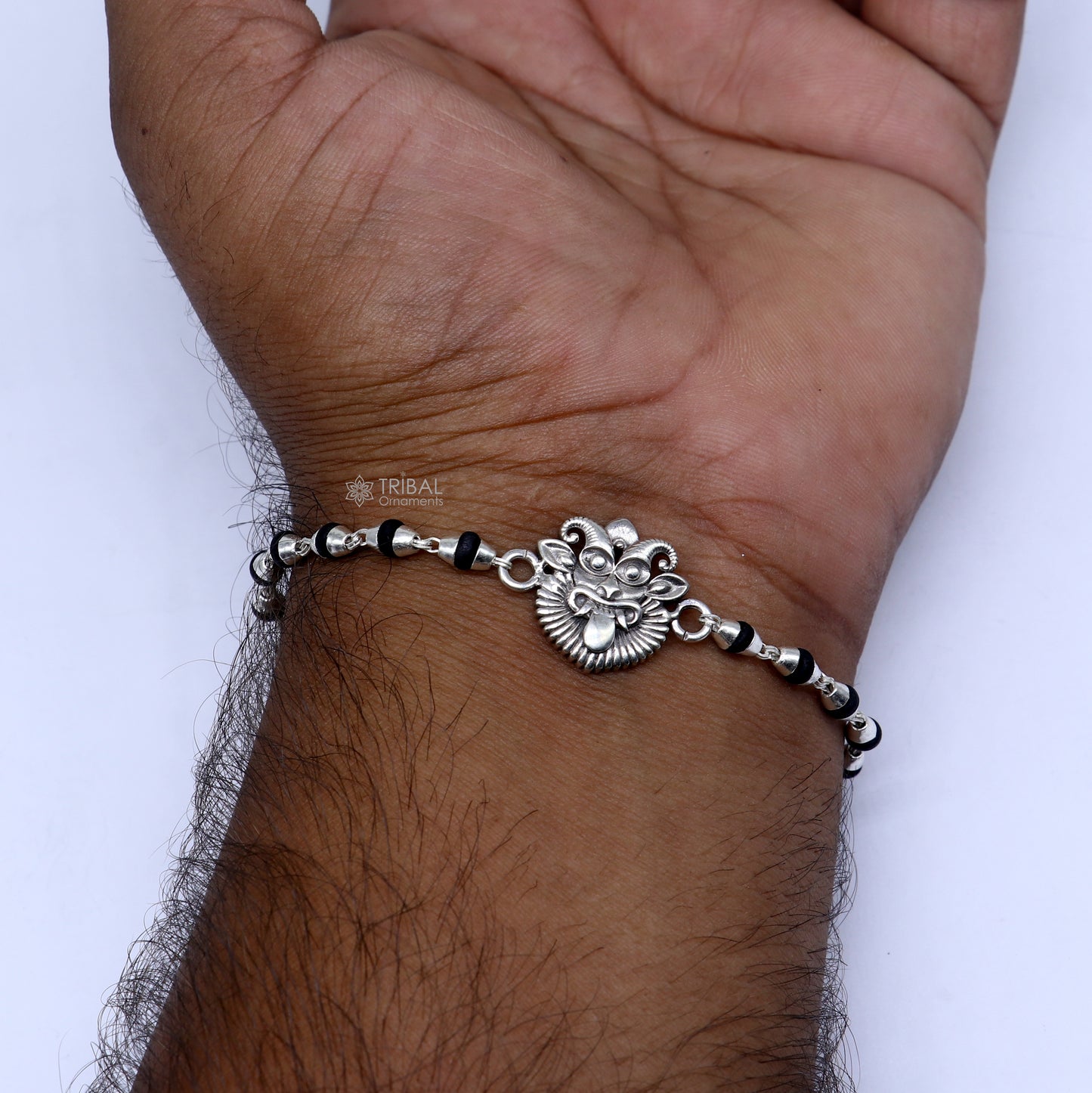 925 sterling silver handmad Evil eye ( nazar battu )design holy basil rosary beads Rakhi bracelet, black Tulsi beaded bracelet rk401 - TRIBAL ORNAMENTS