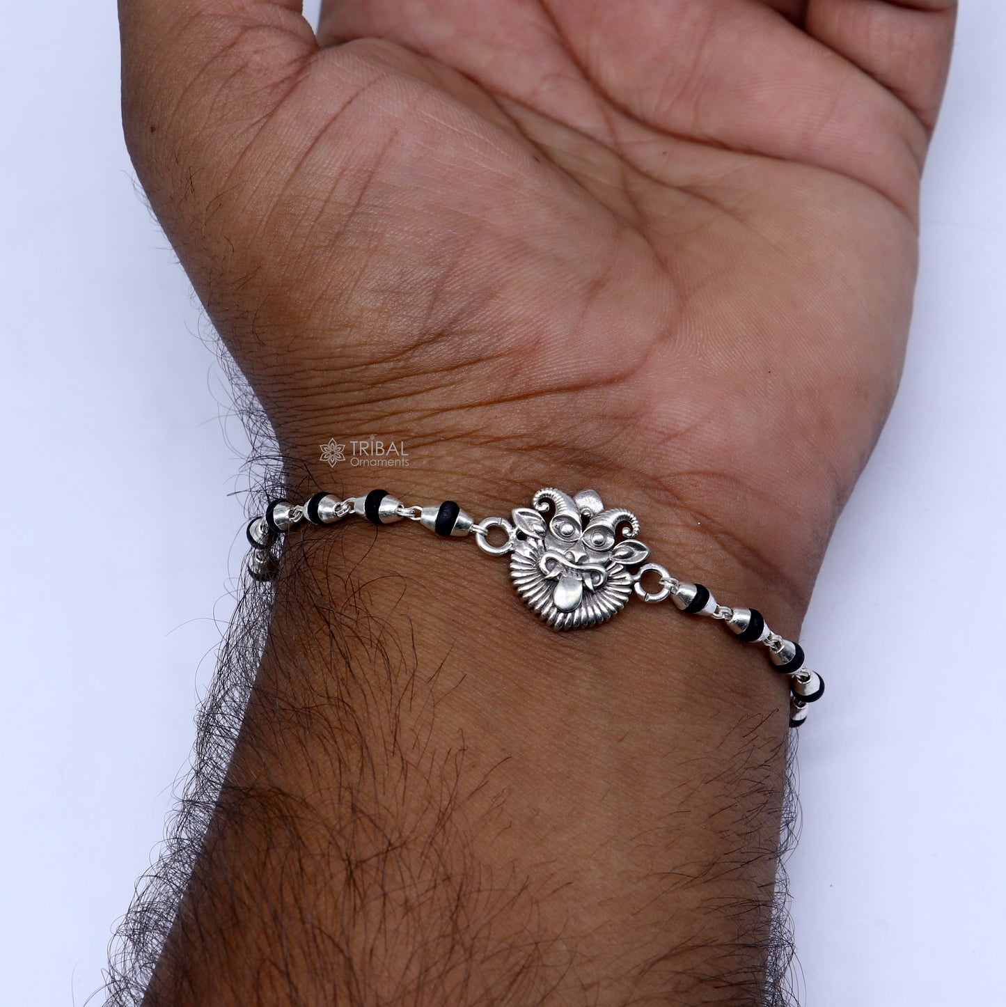 925 sterling silver handmad Evil eye ( nazar battu )design holy basil rosary beads Rakhi bracelet, black Tulsi beaded bracelet rk401 - TRIBAL ORNAMENTS