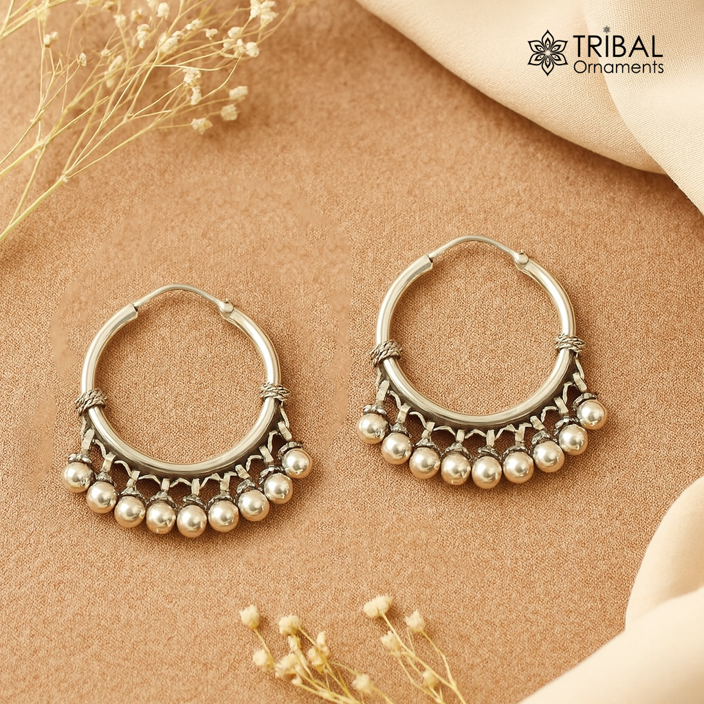925 sterling silver handmade hoop earring elegant delegate Bali, hanging bells, hook, hoop gifting gorgeous tribal customized jewelry s1115