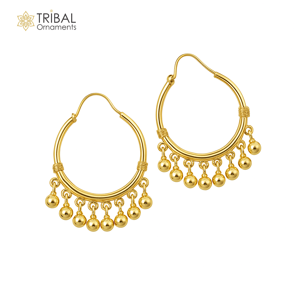Vintage antique design handmade 925 sterling silver gorgeous gold polished hoops boho earrings bali with bells tribal Banjara jewelry s1147