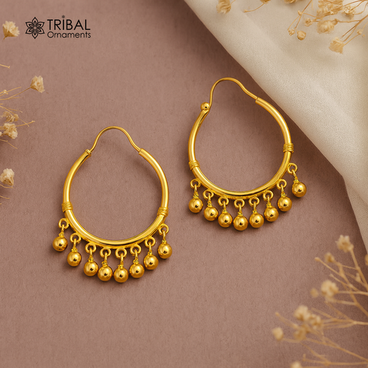 Vintage antique design handmade 925 sterling silver gorgeous gold polished hoops boho earrings bali with bells tribal Banjara jewelry s1147