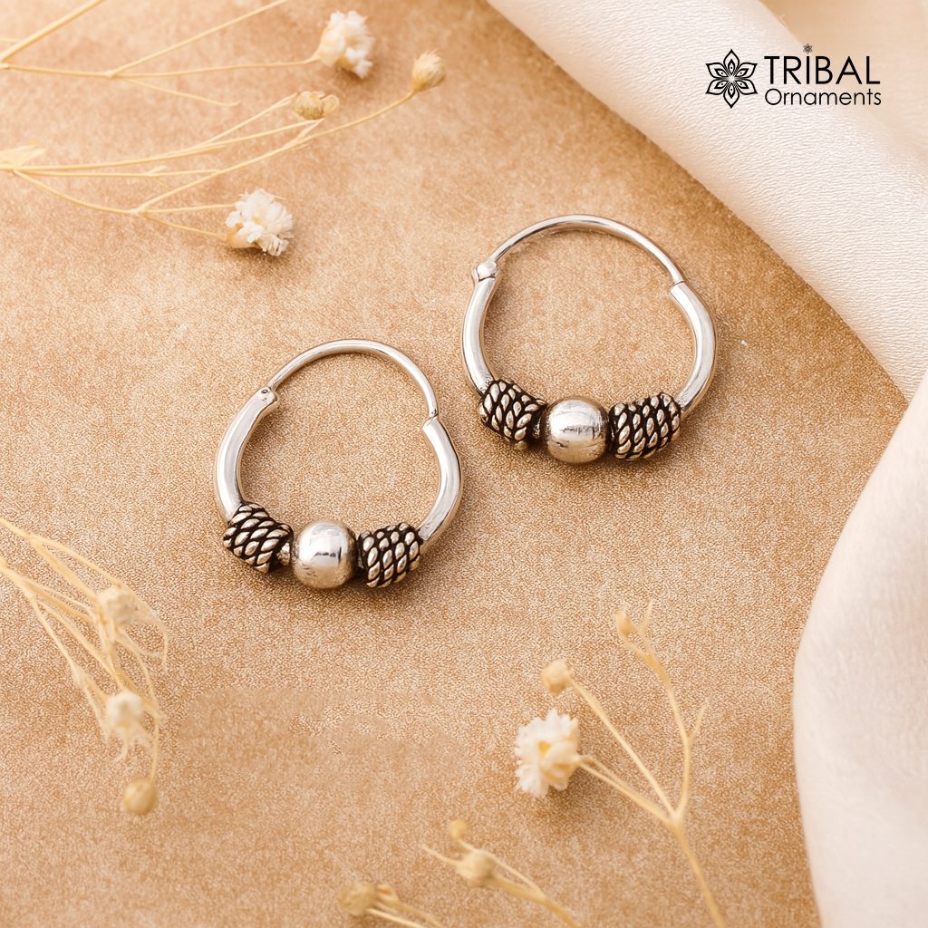 Traditional classical design stylish 925 sterling silver handmade hoops earrings bali ,pretty gifting bali tribal jewelry india s1214