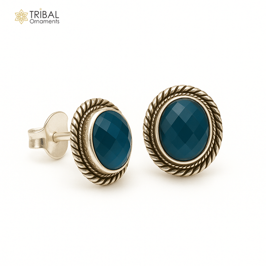 925 sterling silver handmade stud earring with gorgeous single blue quartz stone stud earring best unisex jewelry s1271