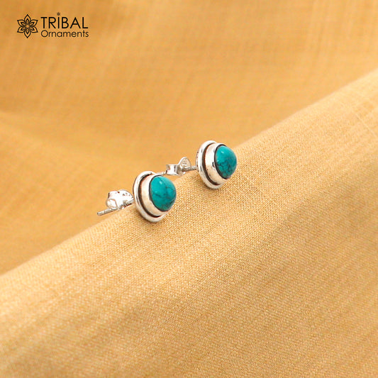 925 sterling silver handmade stud earring with gorgeous single blue turquoise stone stud earring best unisex jewelry s1276