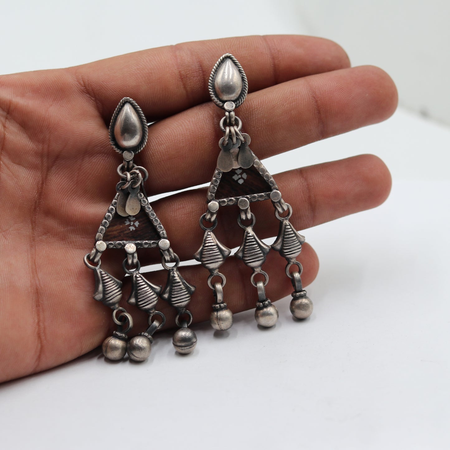 925 sterling silver ethnic tribal design long drop dangle earring s1343 - TRIBAL ORNAMENTS
