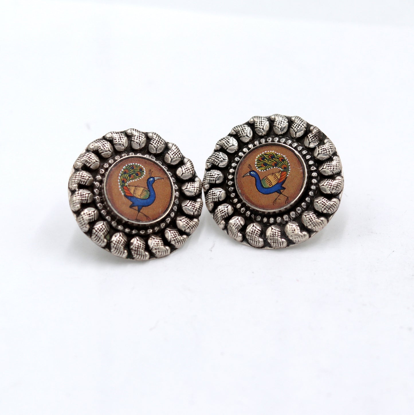 925 sterling silver peacock design painting miniature art Painting stud earring s1354 - TRIBAL ORNAMENTS