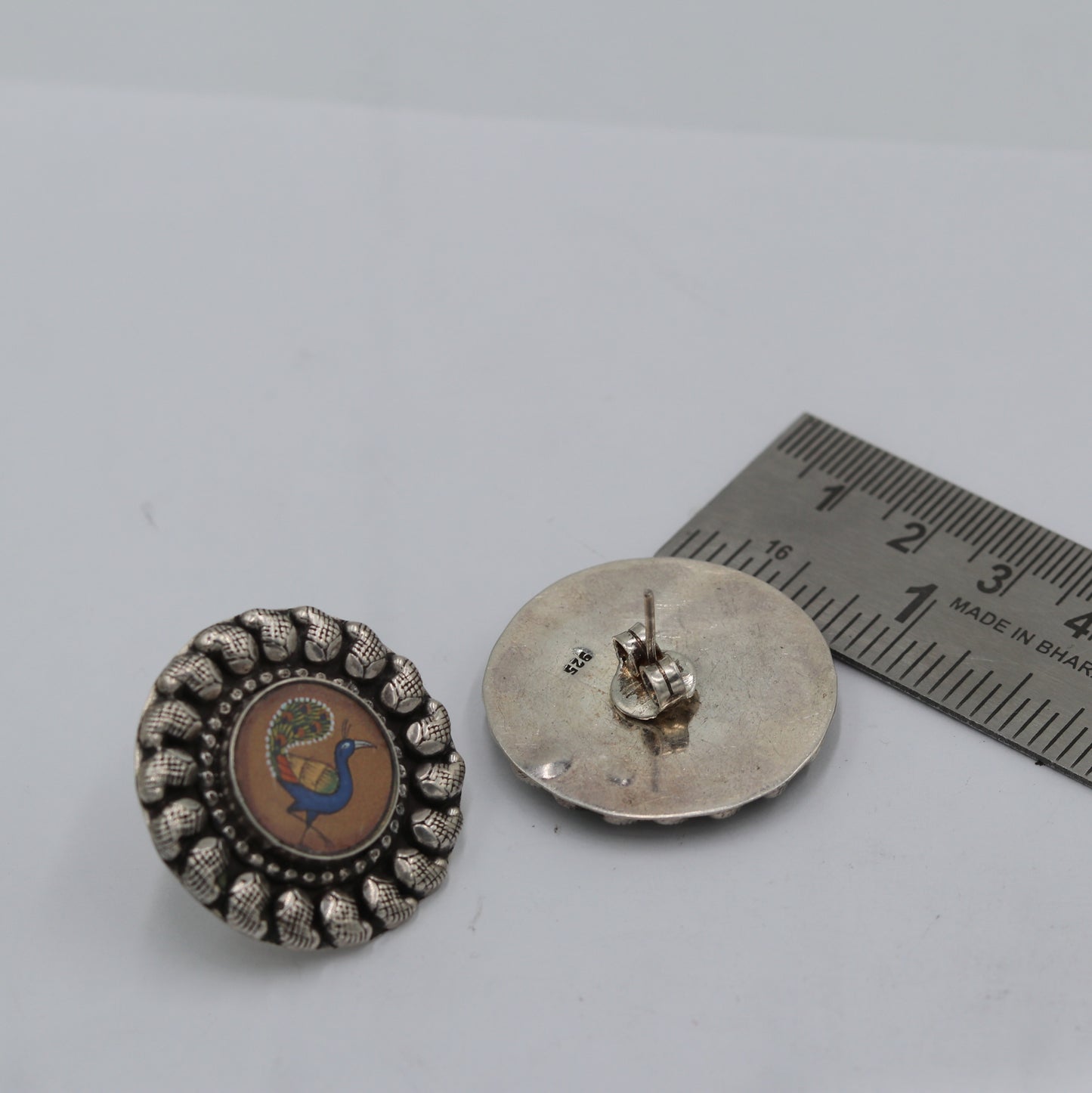 925 sterling silver peacock design painting miniature art Painting stud earring s1354 - TRIBAL ORNAMENTS