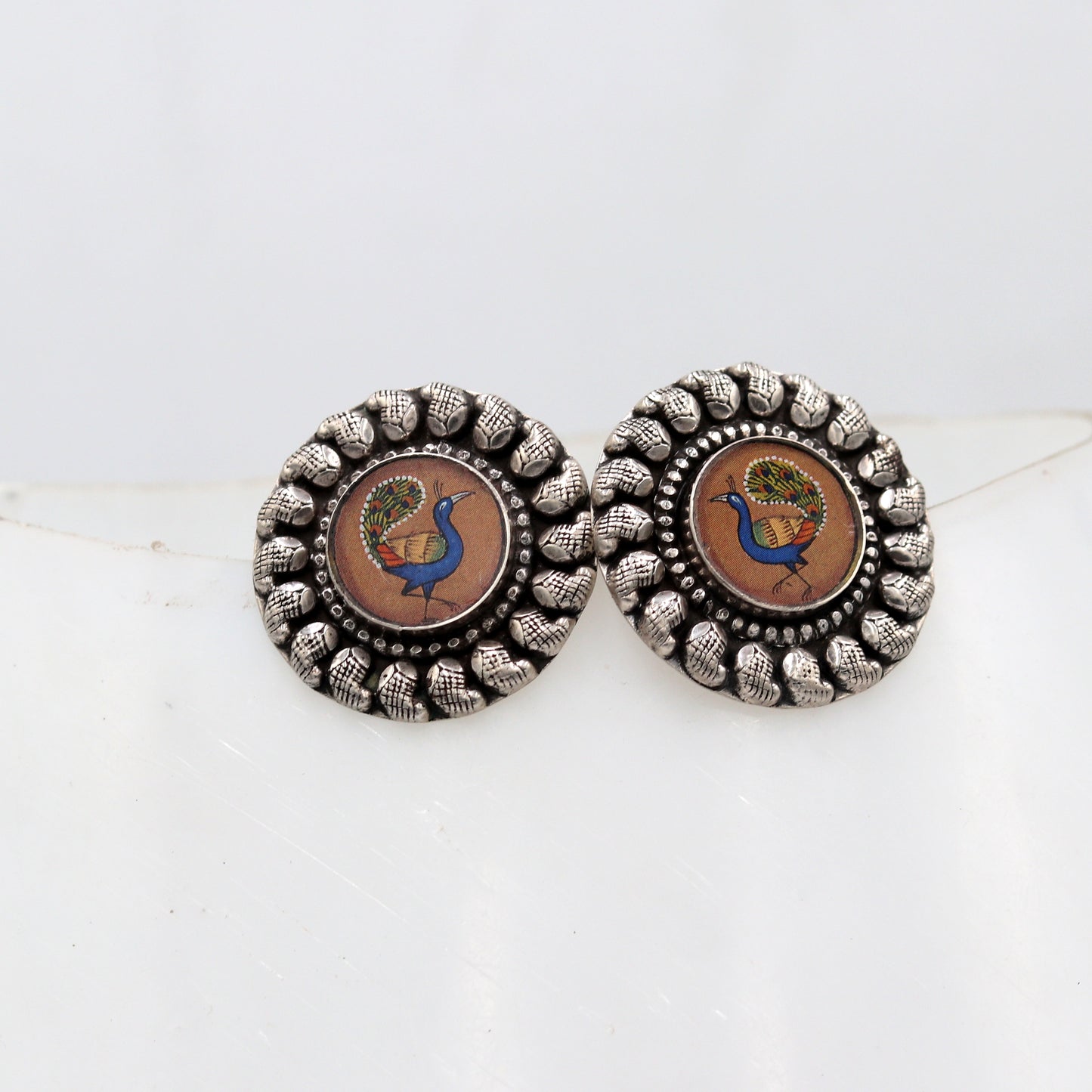 925 sterling silver peacock design painting miniature art Painting stud earring s1354 - TRIBAL ORNAMENTS