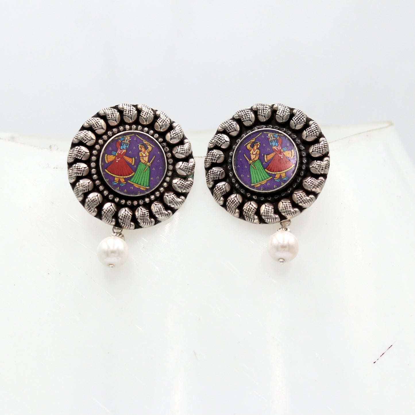 925 sterling silver lord Radha krishna painting miniature art Painting drop dangle earring s1355 - TRIBAL ORNAMENTS