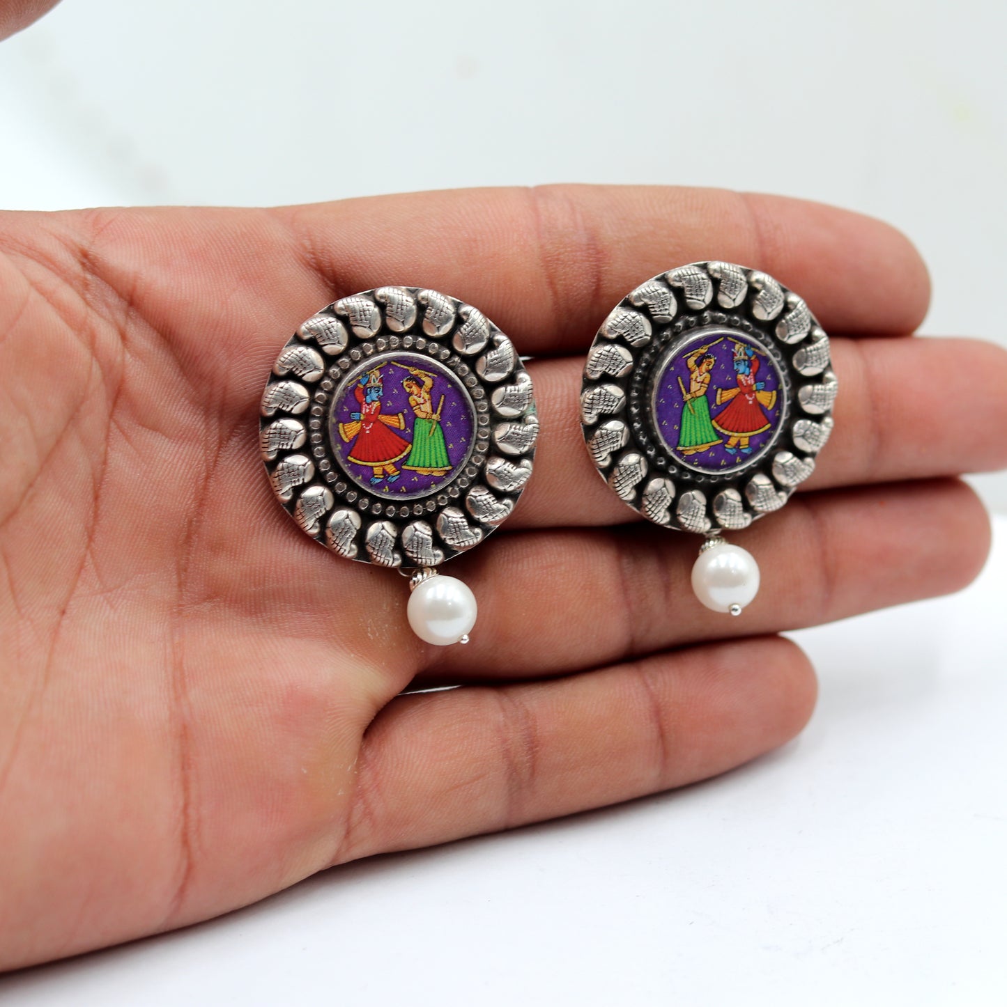925 sterling silver lord Radha krishna painting miniature art Painting drop dangle earring s1355 - TRIBAL ORNAMENTS