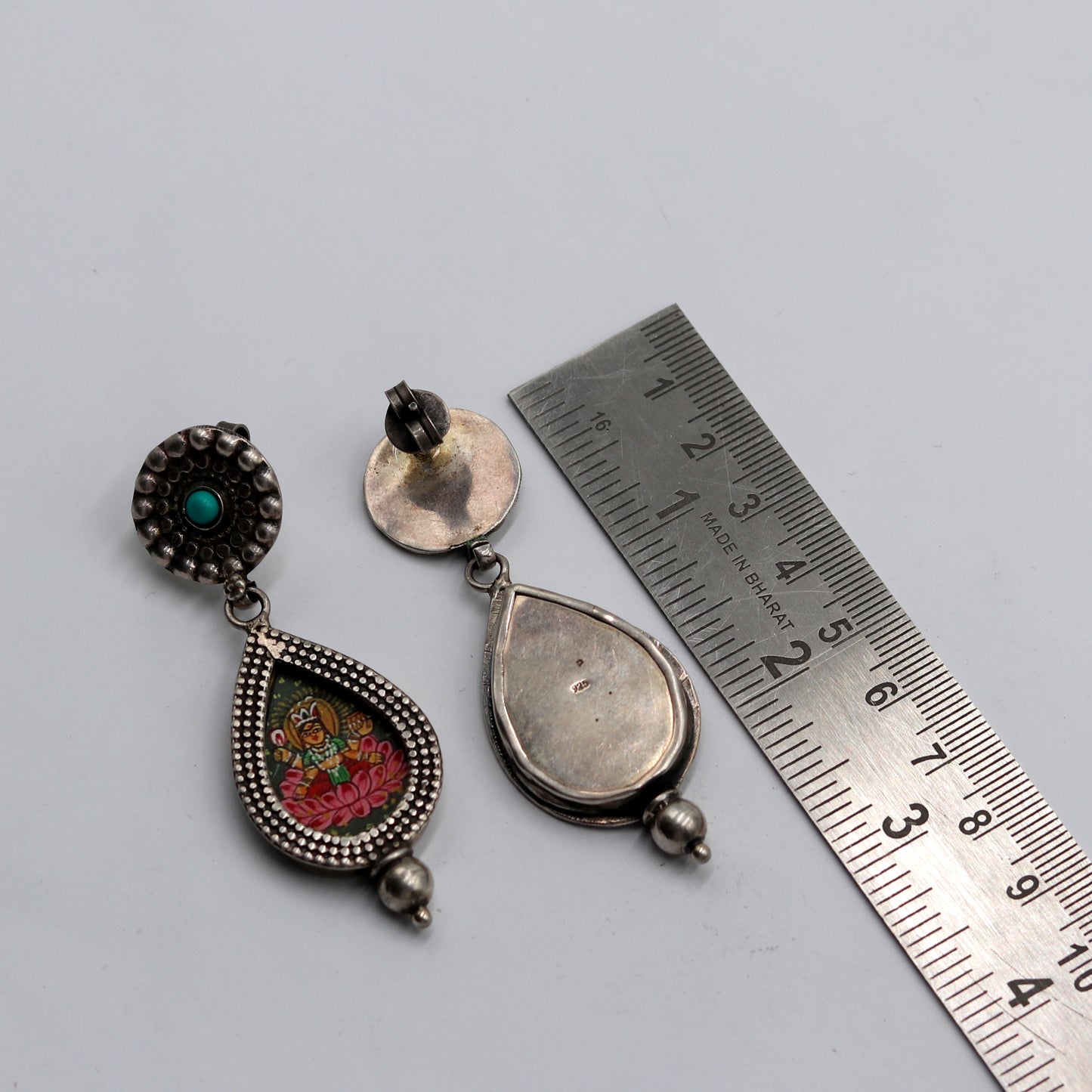 925 sterling silver lord Laxmi ji painting miniature art Painting drop dangle earring s1356 - TRIBAL ORNAMENTS