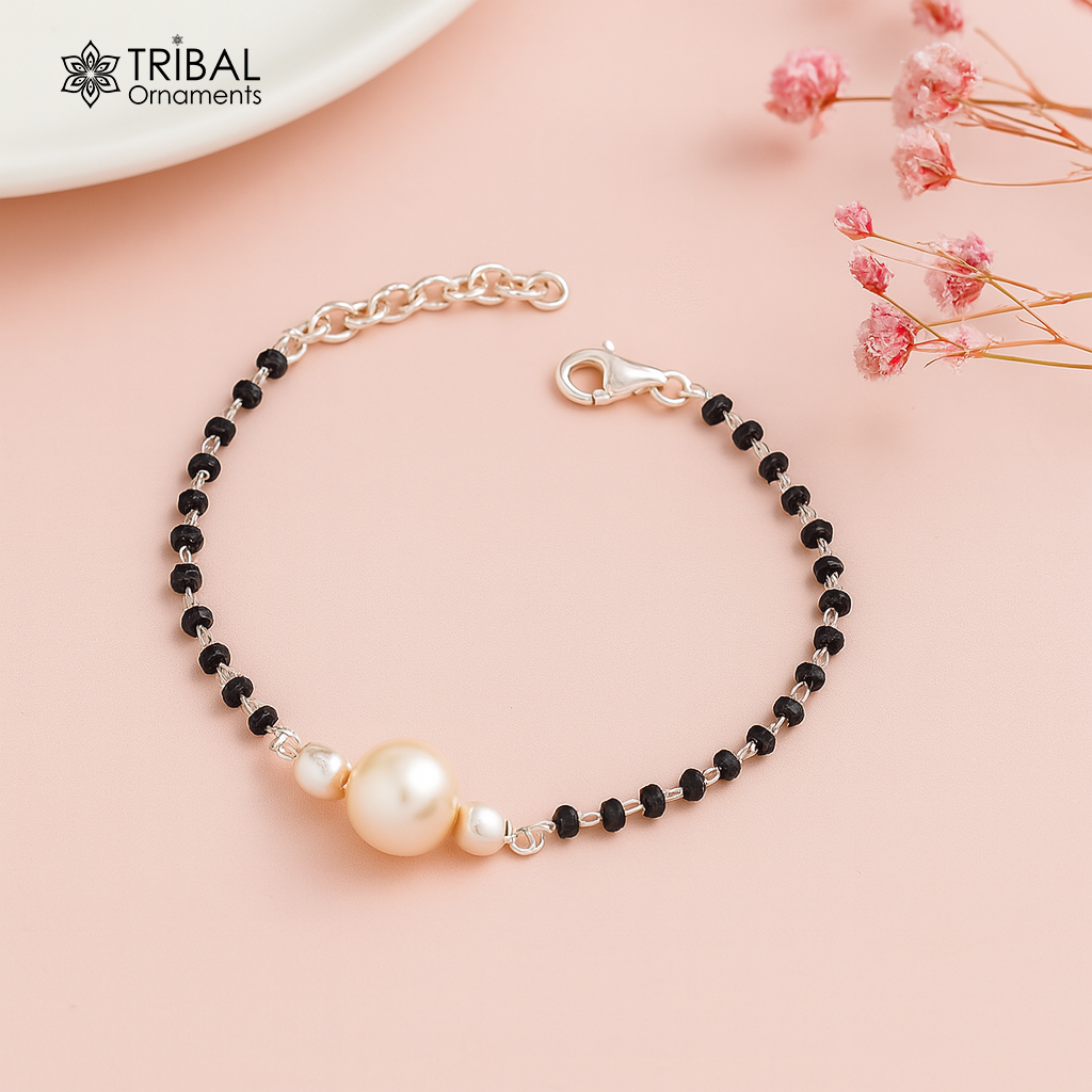 925 sterling silver modern cultural black beaded all sizes bracelet Combo use bracelet or anklets, best Mangalsutra bracelet sbr454