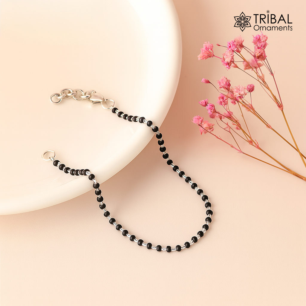 925 sterling silver modern cultural black beaded all sizes girls bracelet Combo use bracelet or anklets, best Mangalsutra bracelet sbr459