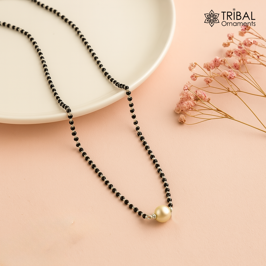 Pure 925 sterling silver black beads chain necklace, vintage white pearl pendant, traditional style brides Mangalsutra necklace set214