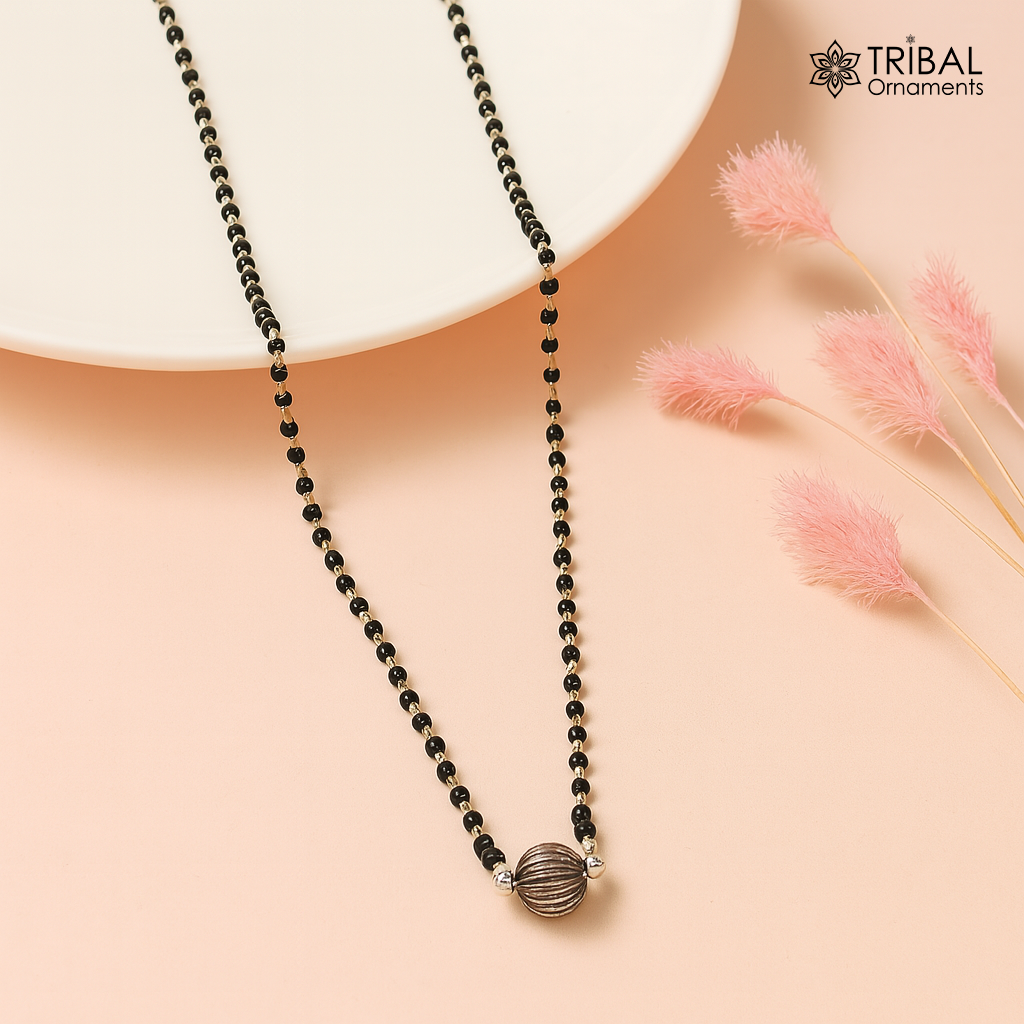 Pure 925 sterling silver black beads chain necklace, vintage ball pendant, traditional style brides Mangalsutra necklace set215